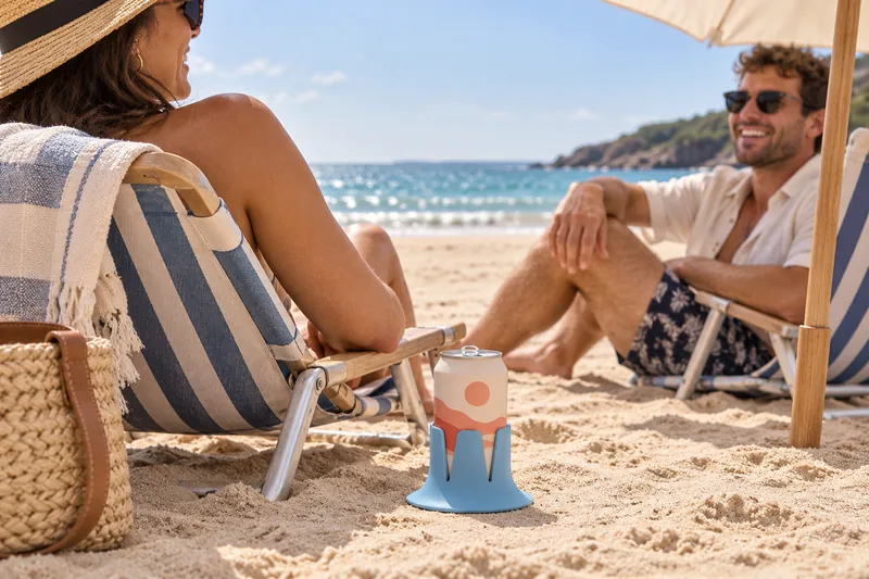 An opened can in Sky Steadi beside a low beach chair on a level sandy spot. AI lifestyle illustration.