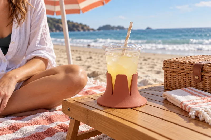 A clear plastic lemonade cup in Terracotta Steadi on a low beach table beside a seated guest. AI lifestyle illustration.